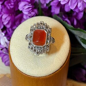 UNCAS 925 Sterling Vintage Carnelian Marcasite Art Deco Cocktail Ring Sz 5